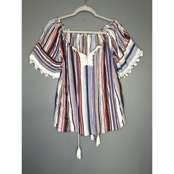 Florence Florencia Striped Boho 100% Linen Top Womens M Off Shoulder Tomato Girl - Picture 9 of 12